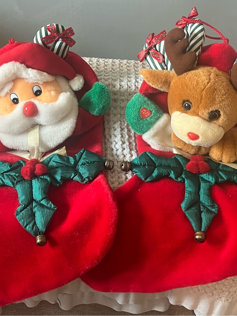 Vintage Puffy Nylon Christmas Stocking Set – Matching Santa & Reindeer Duo 3D Pl